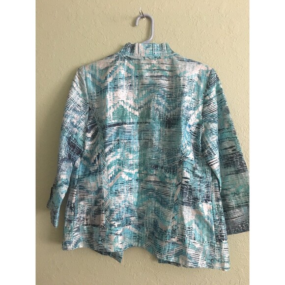 CHICO"S 0 XS-S LINEN BLEND SILVER BLUE RUFFLE BEADED OPEN COLLAR JACKET NWOT - Picture 3 of 4